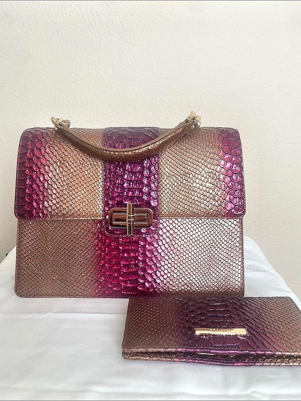 Brahmin Hailee Embossed Shoulder Bag Brown and magenta purple and wallet